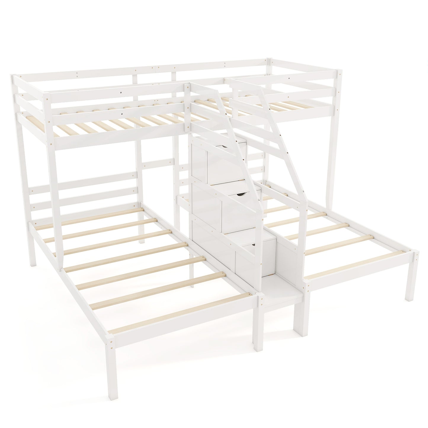 Twin Over Twin and Twin Bunk Bed with Storage Staircase and Guardrail for 3 Kids Teens, White Bunk Bed Frame White at Gallery Canada