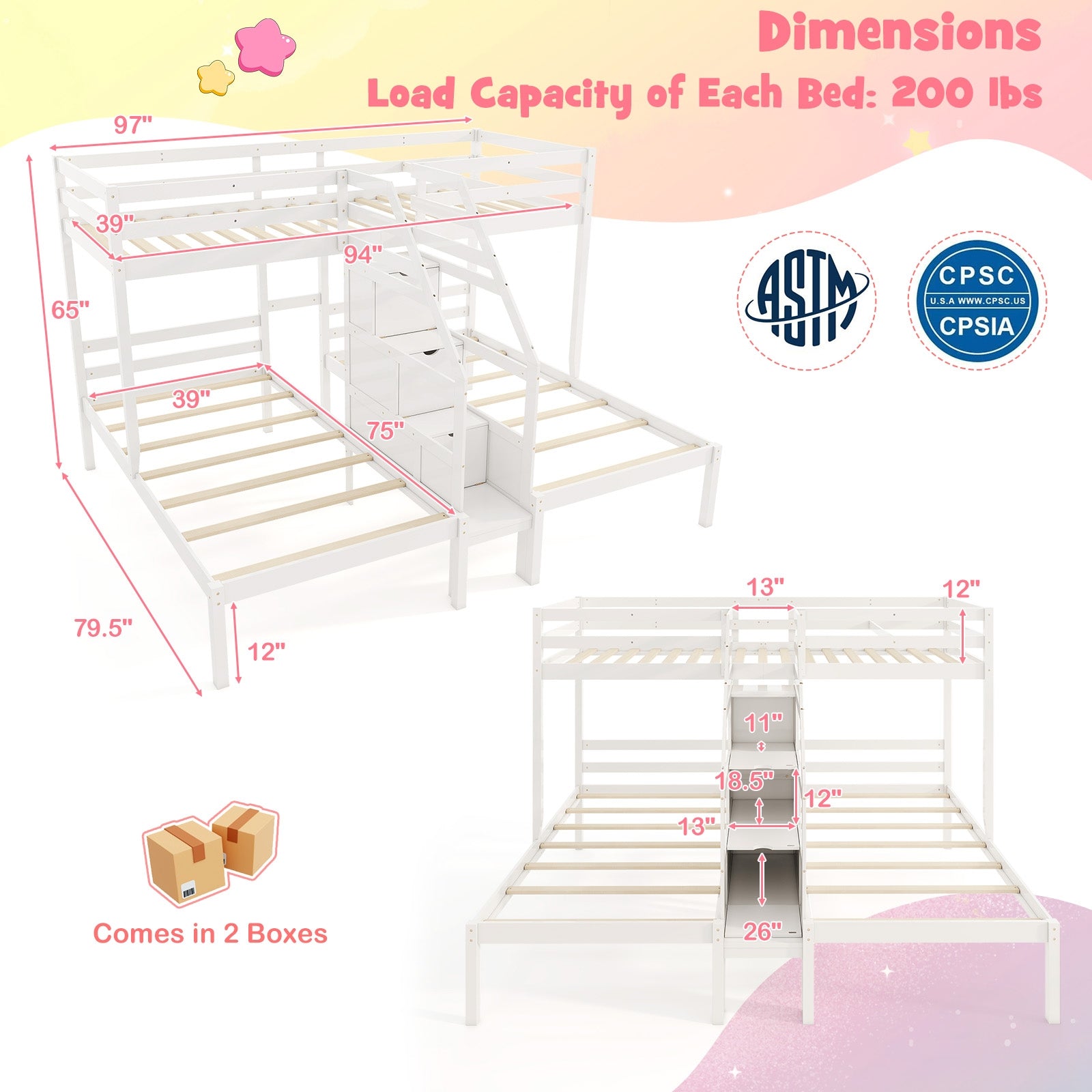 Twin Over Twin and Twin Bunk Bed with Storage Staircase and Guardrail for 3 Kids Teens, White Bunk Bed Frame at Gallery Canada