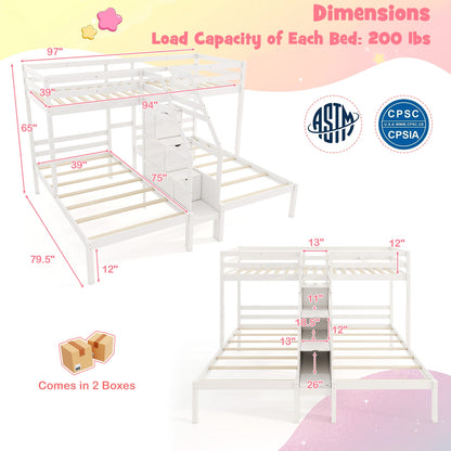 Twin Over Twin and Twin Bunk Bed with Storage Staircase and Guardrail for 3 Kids Teens, White Bunk Bed Frame at Gallery Canada