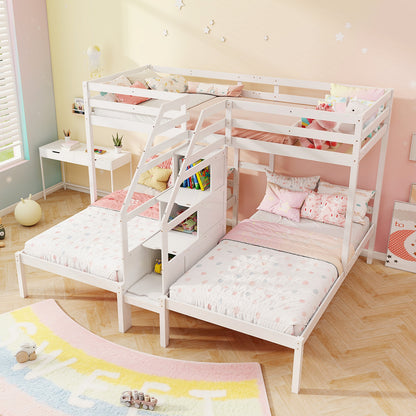 Twin Over Twin and Twin Bunk Bed with Storage Staircase and Guardrail for 3 Kids Teens, White Bunk Bed Frame at Gallery Canada