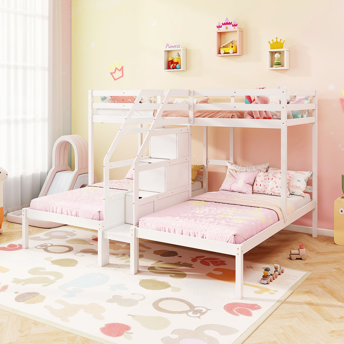 Twin Over Twin and Twin Bunk Bed with Storage Staircase and Guardrail for 3 Kids Teens, White Bunk Bed Frame at Gallery Canada