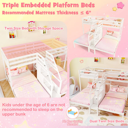 Twin Over Twin and Twin Bunk Bed with Storage Staircase and Guardrail for 3 Kids Teens, White Bunk Bed Frame at Gallery Canada