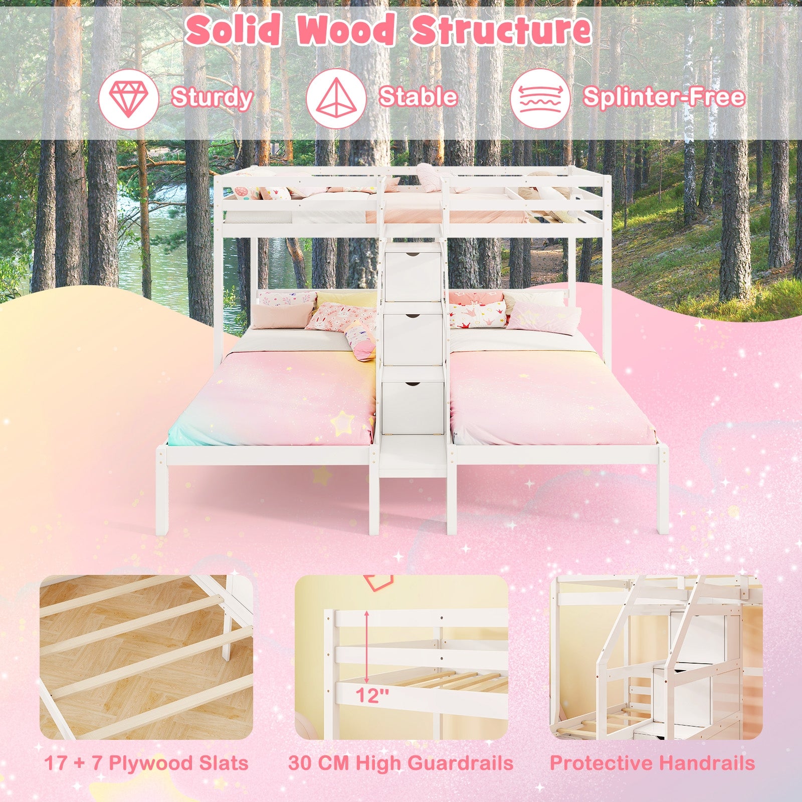 Twin Over Twin and Twin Bunk Bed with Storage Staircase and Guardrail for 3 Kids Teens, White Bunk Bed Frame at Gallery Canada