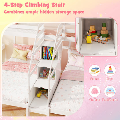 Twin Over Twin and Twin Bunk Bed with Storage Staircase and Guardrail for 3 Kids Teens, White Bunk Bed Frame at Gallery Canada