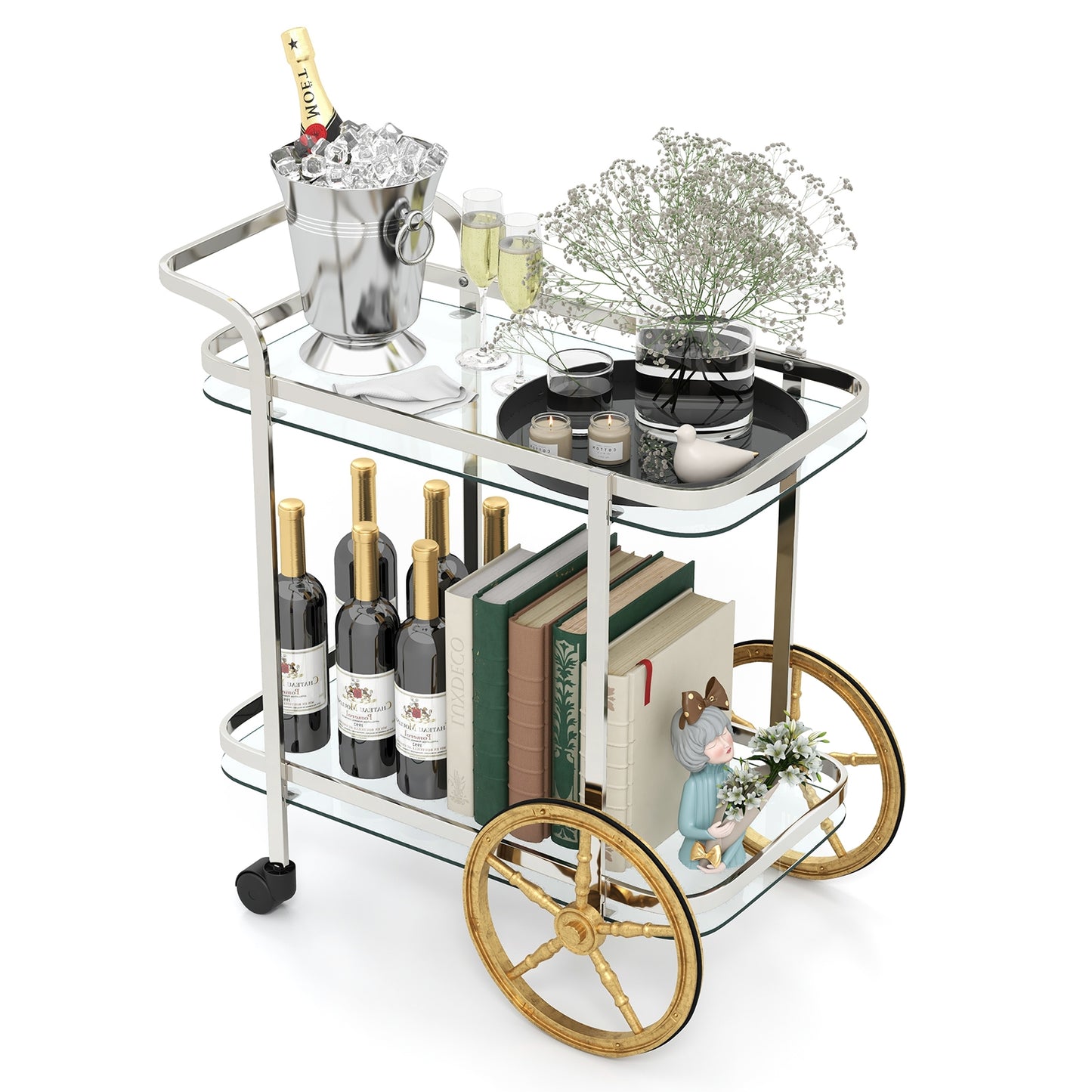 2-Tier Tempered Glass Bar Cart with 2 Large Aluminum Wheels and 2 Rolling Casters, Transparent Kitchen Islands & Carts   at Gallery Canada