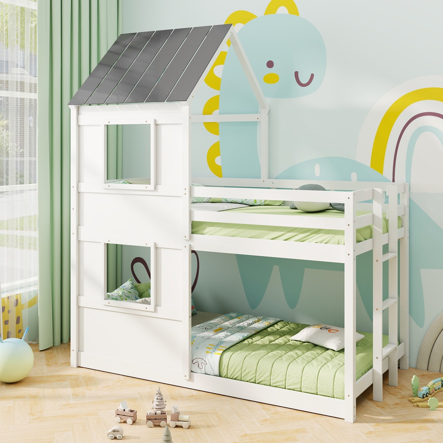 Wooden Twin Over Twin Bunk Bed with Full-length Safety Guardrail and Ladder-White and Gray, Gray & White Bunk Bed Frame at Gallery Canada