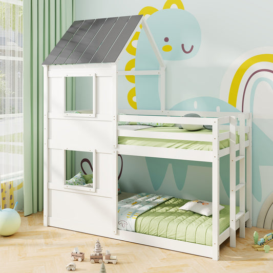 Wooden Twin Over Twin Bunk Bed with Full-length Safety Guardrail and Ladder-White and Gray, Gray & White Bunk Bed Frame Gray & White at Gallery Canada