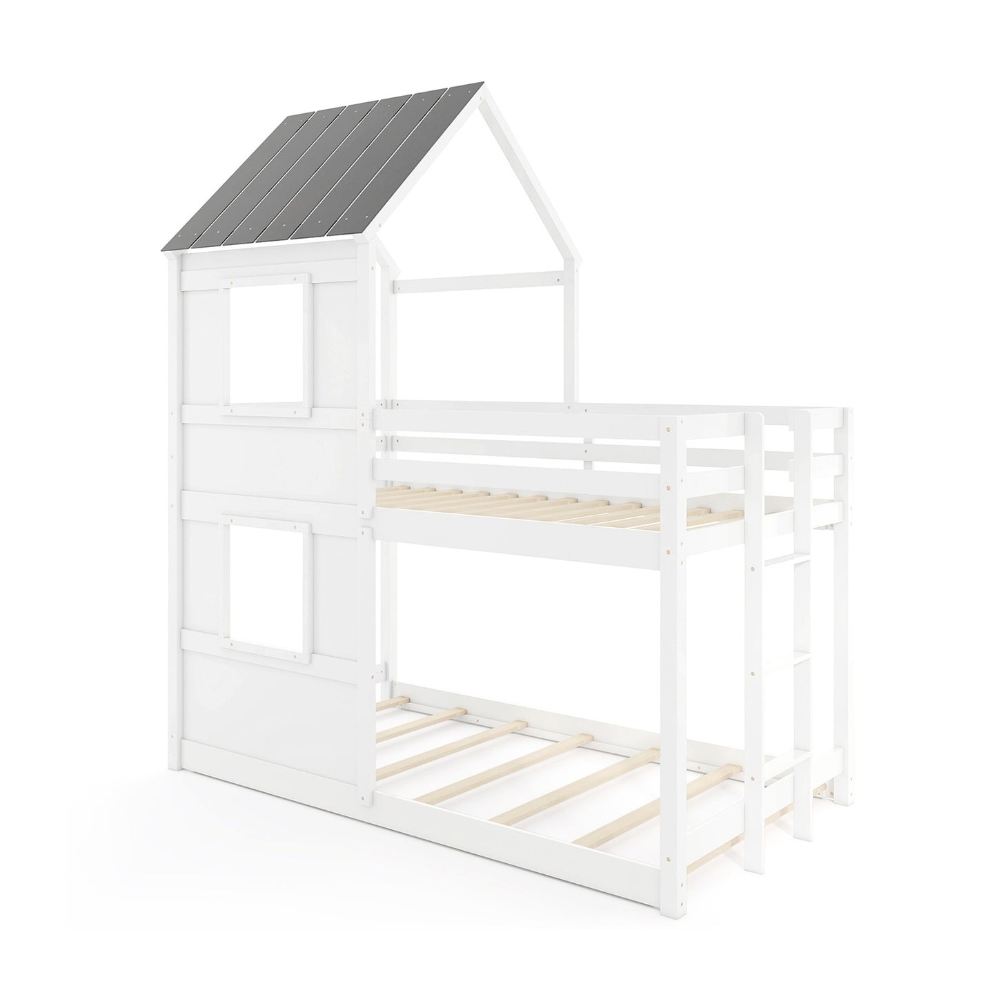 Wooden Twin Over Twin Bunk Bed with Full-length Safety Guardrail and Ladder-White and Gray, Gray & White Bunk Bed Frame Gray & White at Gallery Canada