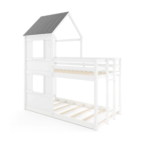 Wooden  Twin Over Twin Bunk Bed with Full-length Safety Guardrail and Ladder-White and Gray, Gray & White