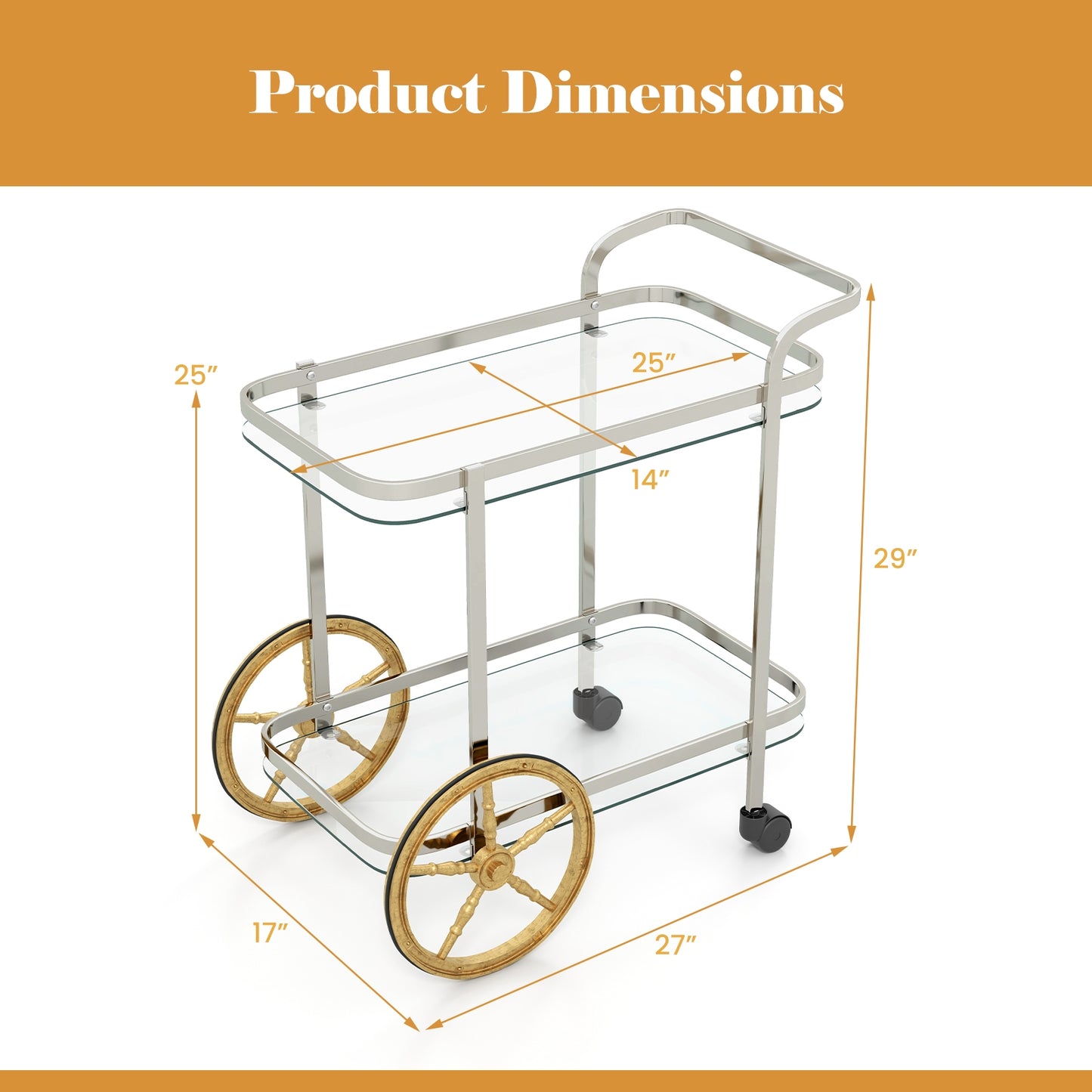 2-Tier Tempered Glass Bar Cart with 2 Large Aluminum Wheels and 2 Rolling Casters, Transparent Kitchen Islands & Carts   at Gallery Canada