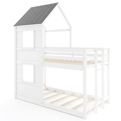 Wooden Twin Over Twin Bunk Bed with Full-length Safety Guardrail and Ladder-White and Gray, Gray & White Bunk Bed Frame at Gallery Canada