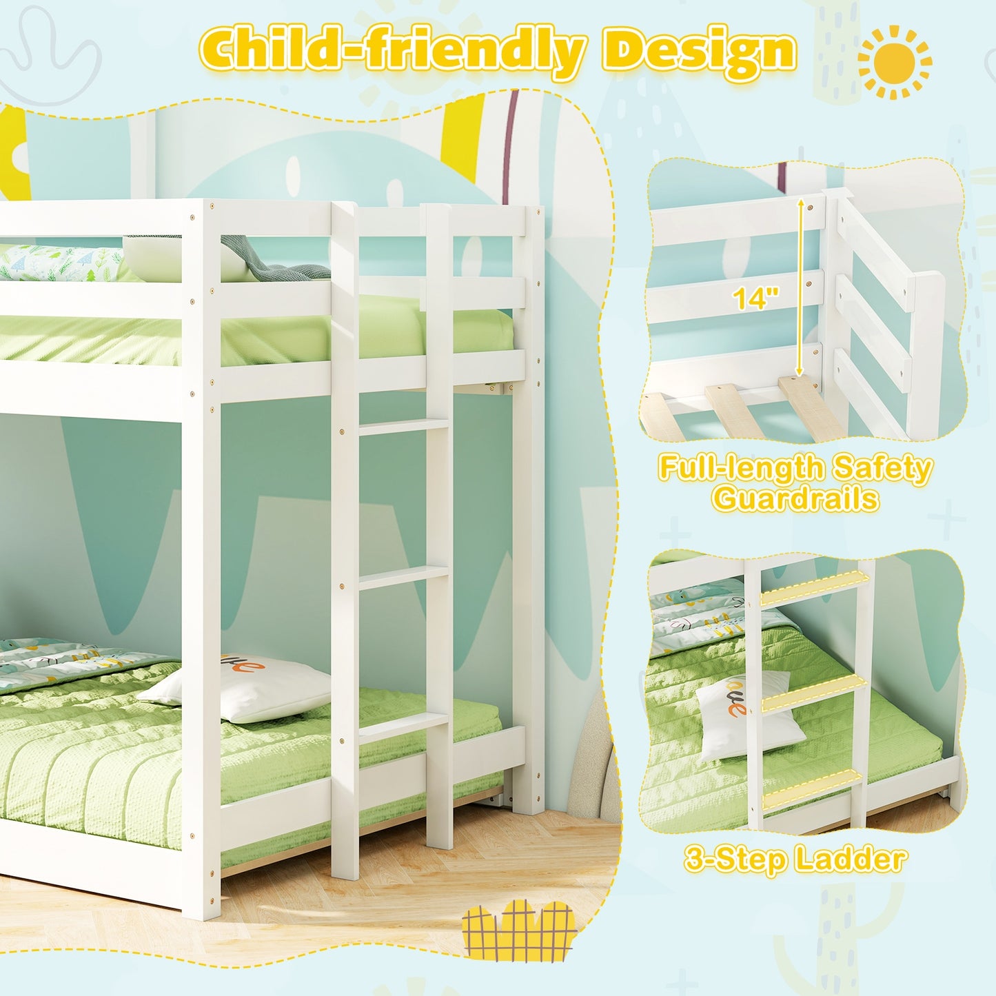 Wooden Twin Over Twin Bunk Bed with Full-length Safety Guardrail and Ladder-White and Gray, Gray & White Bunk Bed Frame at Gallery Canada