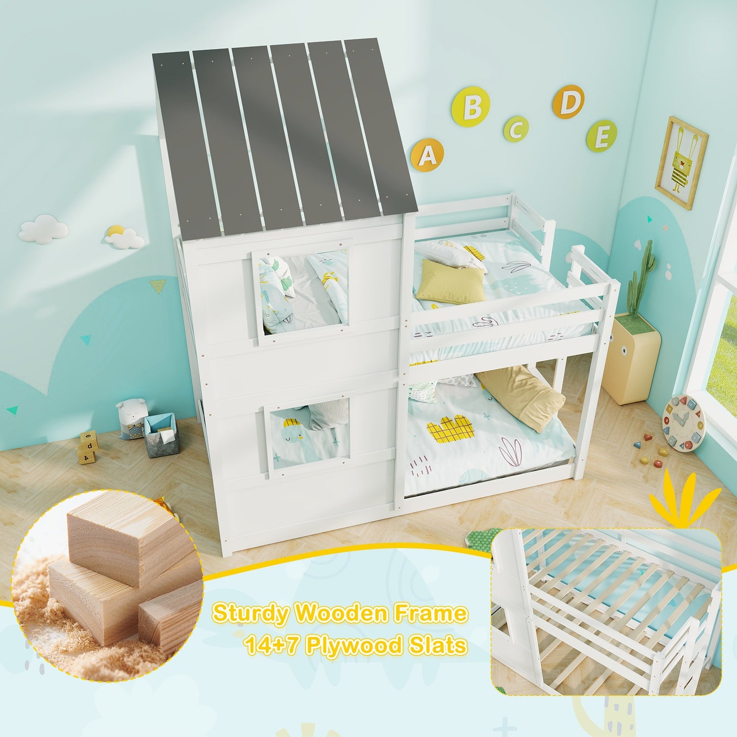 Wooden Twin Over Twin Bunk Bed with Full-length Safety Guardrail and Ladder-White and Gray, Gray & White Bunk Bed Frame at Gallery Canada