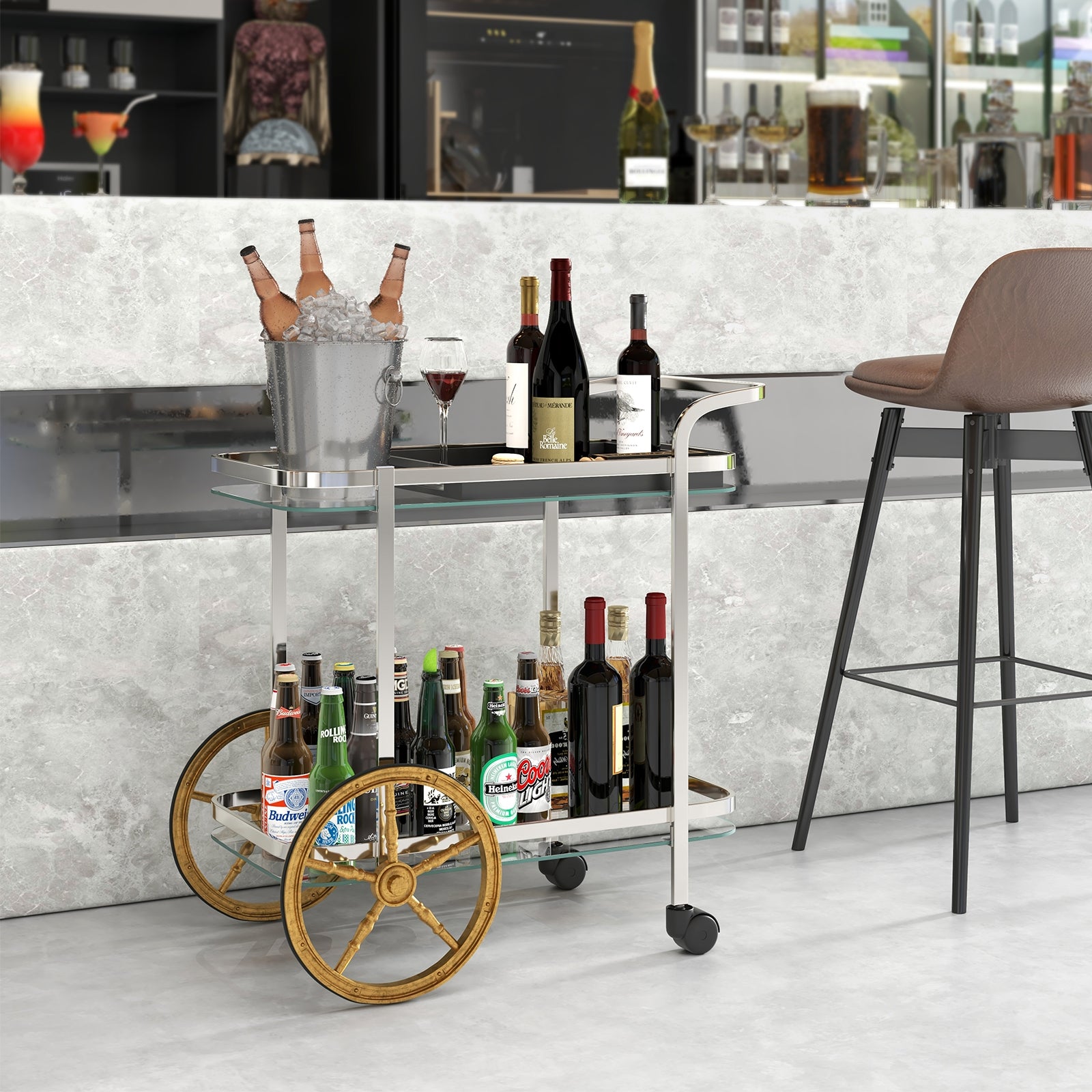 2-Tier Tempered Glass Bar Cart with 2 Large Aluminum Wheels and 2 Rolling Casters, Transparent Kitchen Islands & Carts   at Gallery Canada