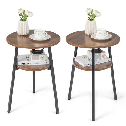 2-Tier Round End Table Set of 2 with Open Shelf and Triangular Metal Frame, Walnut End & Side Tables Walnut at Gallery Canada