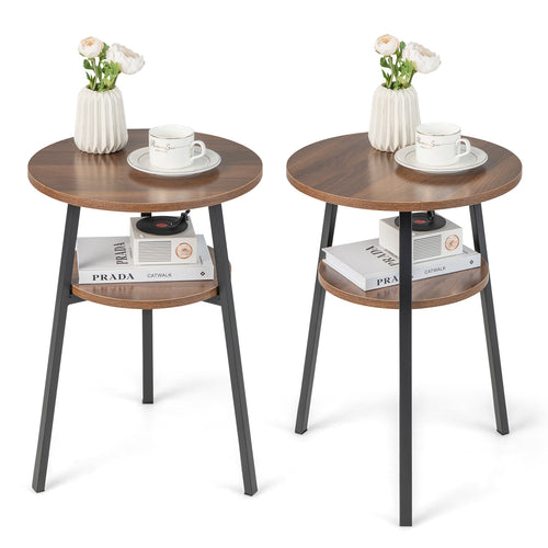 2-Tier Round End Table Set of 2 with Open Shelf and Triangular Metal Frame, Walnut