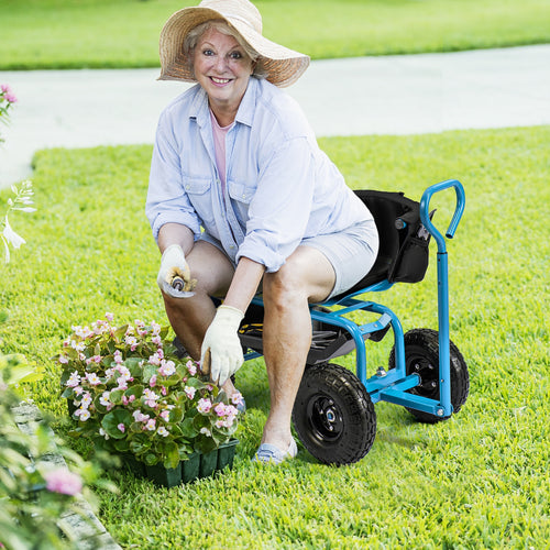 Cushioned Rolling Garden Cart Scooter with Storage Basket and Tool Pouch, Blue