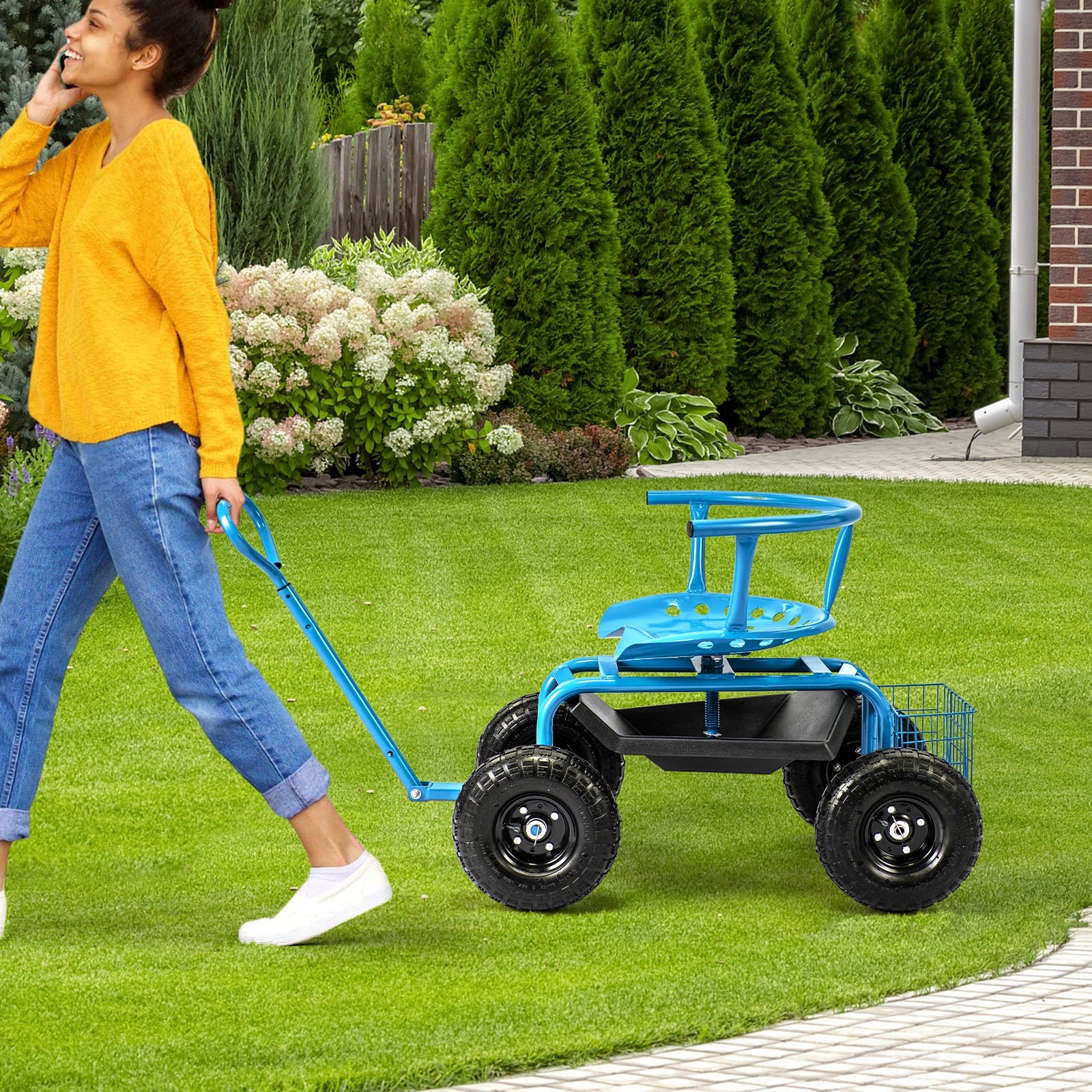 Cushioned Rolling Garden Cart Scooter with Storage Basket and Tool Pouch, Blue Garden Carts at Gallery Canada