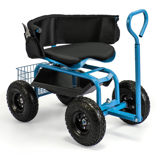 Cushioned Rolling Garden Cart Scooter with Storage Basket and Tool Pouch, Blue Garden Carts Blue at Gallery Canada