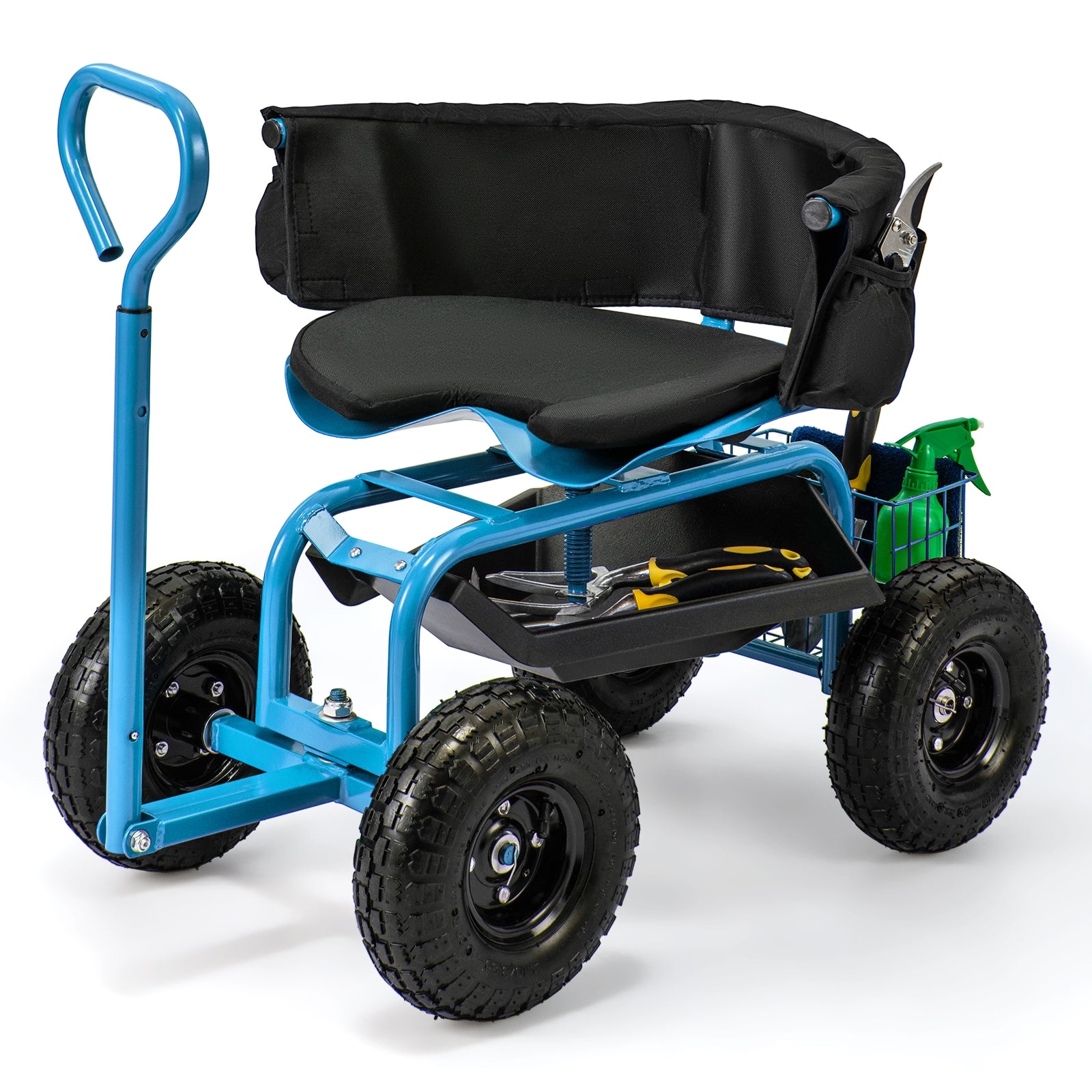 Cushioned Rolling Garden Cart Scooter with Storage Basket and Tool Pouch, Blue Garden Carts at Gallery Canada