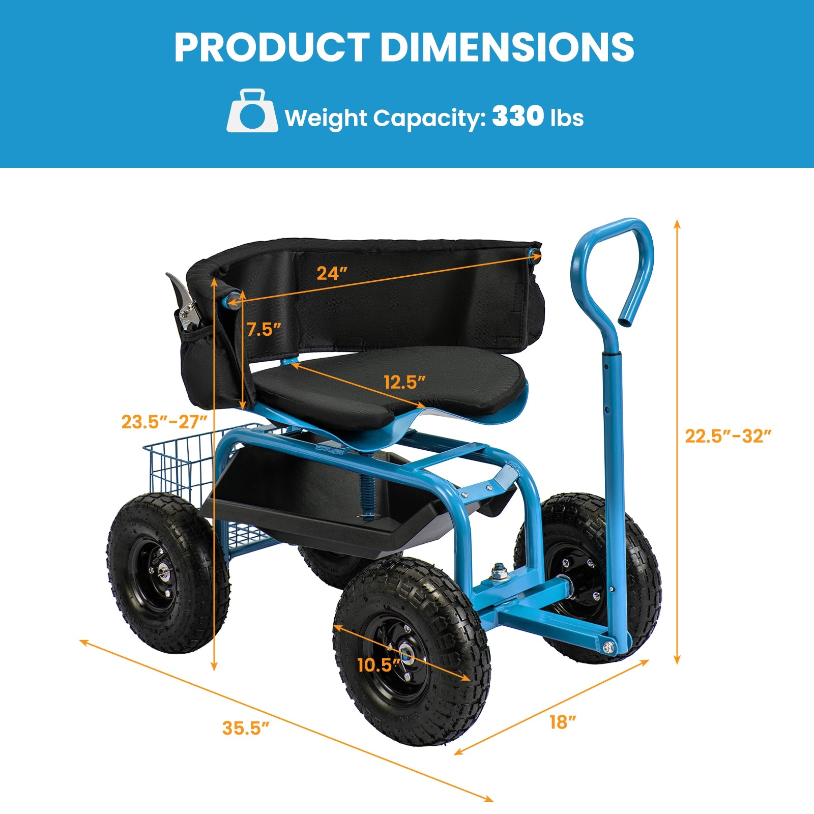 Cushioned Rolling Garden Cart Scooter with Storage Basket and Tool Pouch, Blue Garden Carts at Gallery Canada
