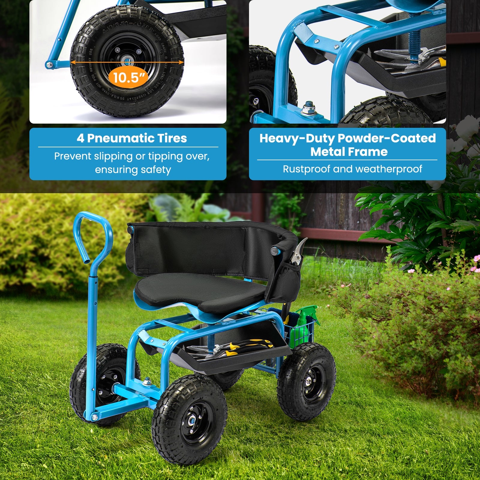 Cushioned Rolling Garden Cart Scooter with Storage Basket and Tool Pouch, Blue Garden Carts at Gallery Canada