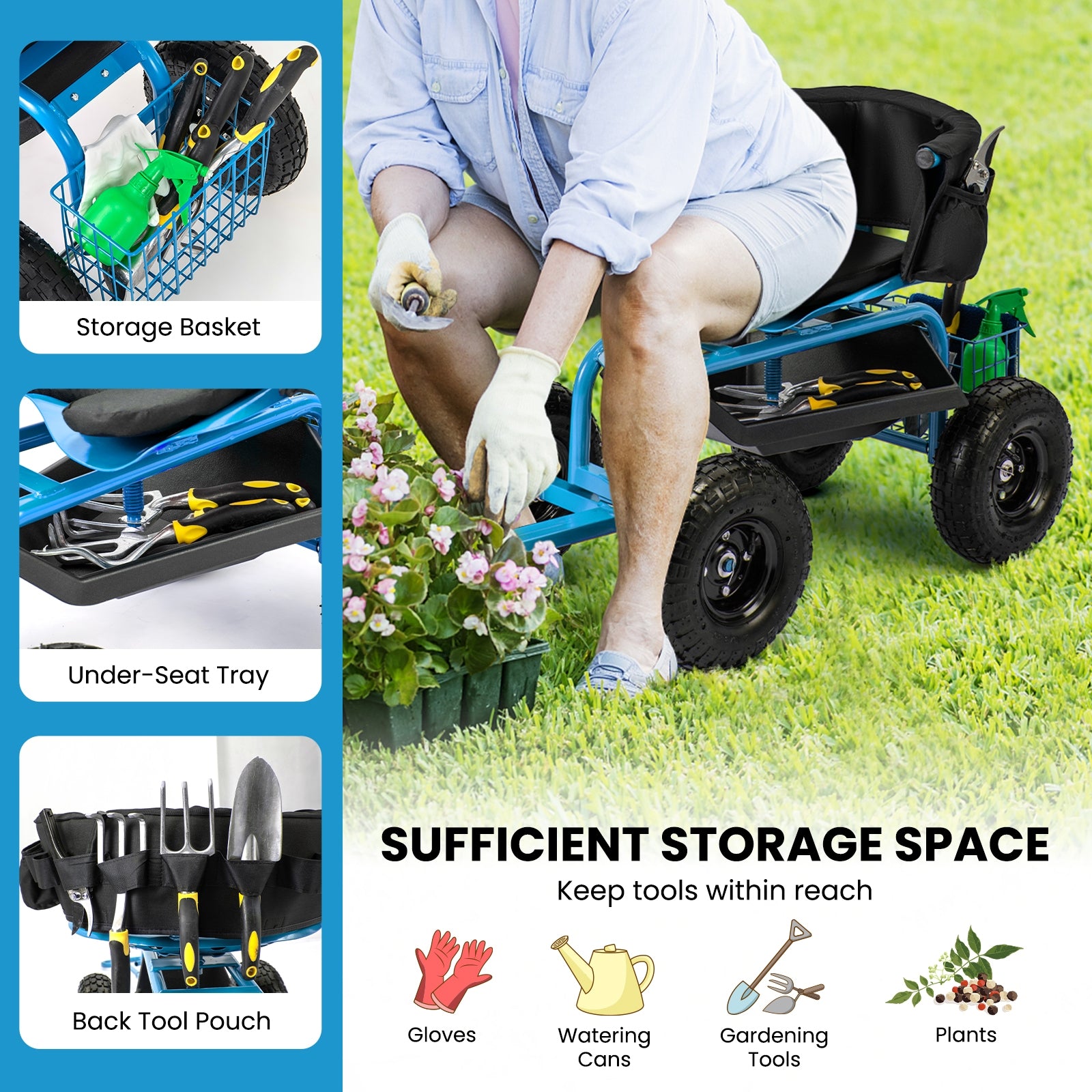Cushioned Rolling Garden Cart Scooter with Storage Basket and Tool Pouch, Blue Garden Carts at Gallery Canada