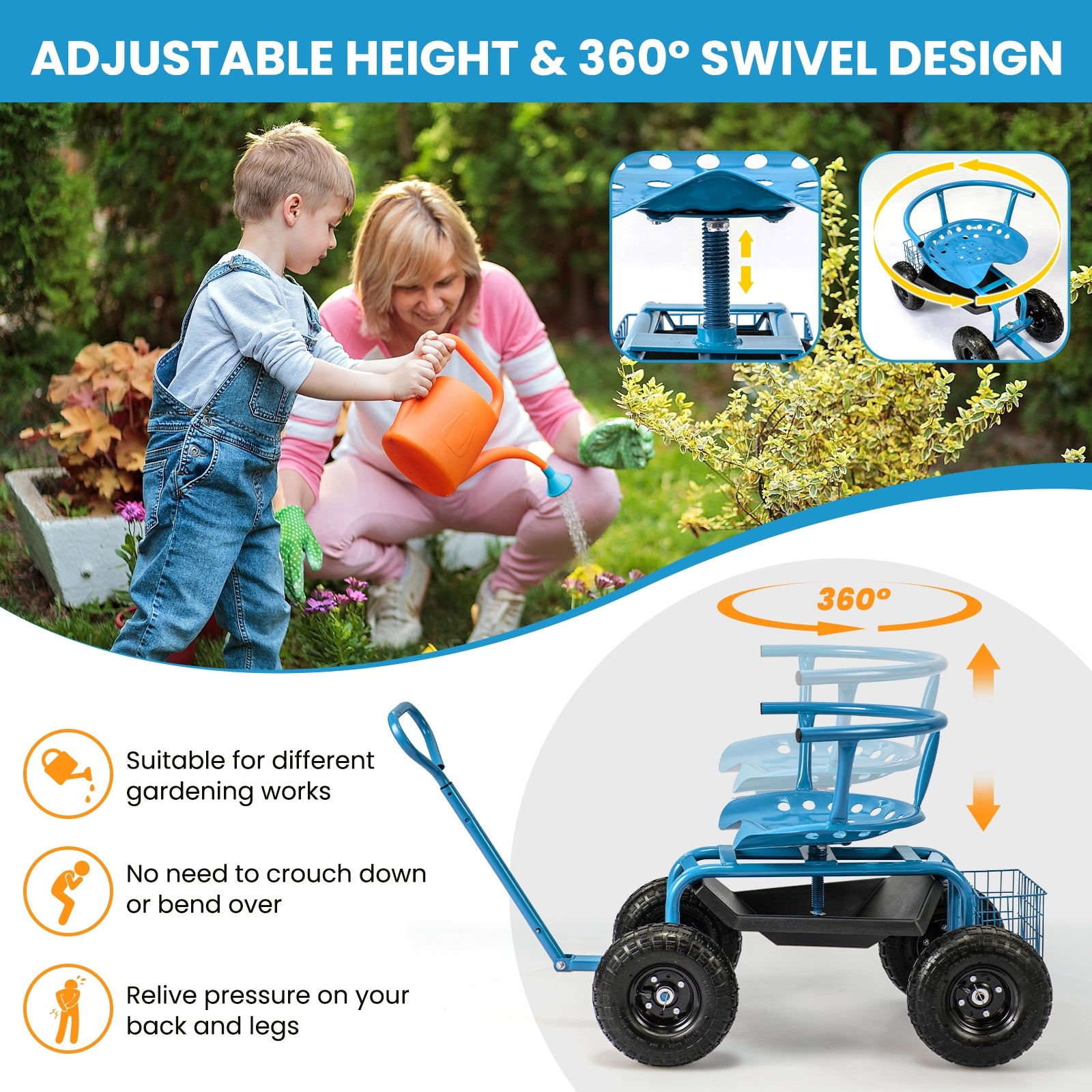 Cushioned Rolling Garden Cart Scooter with Storage Basket and Tool Pouch, Blue Garden Carts at Gallery Canada