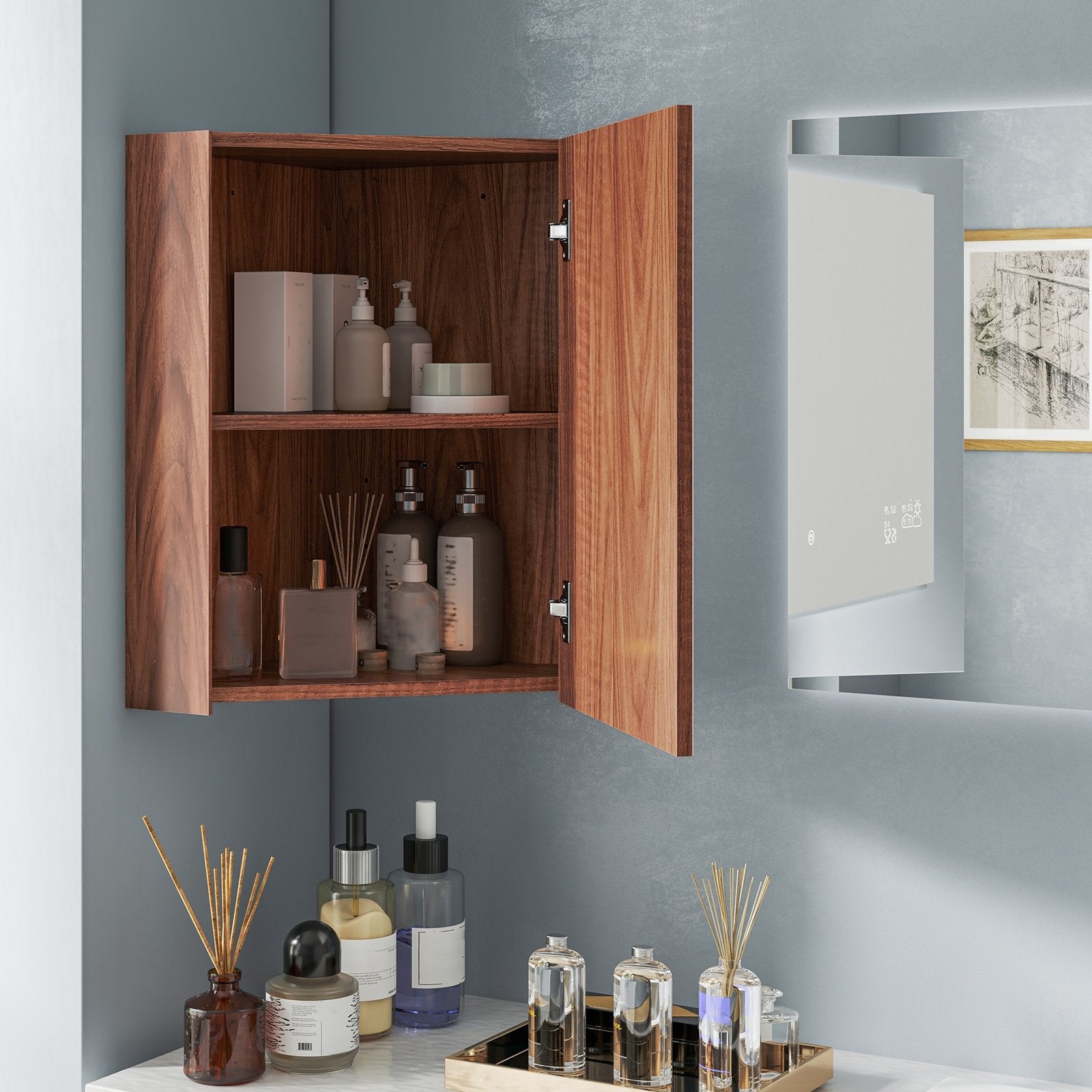 Corner Medicine Cabinet with Mirror with Open Mirror Door and Adjustable Shelf, Brown Wall Mirrors at Gallery Canada