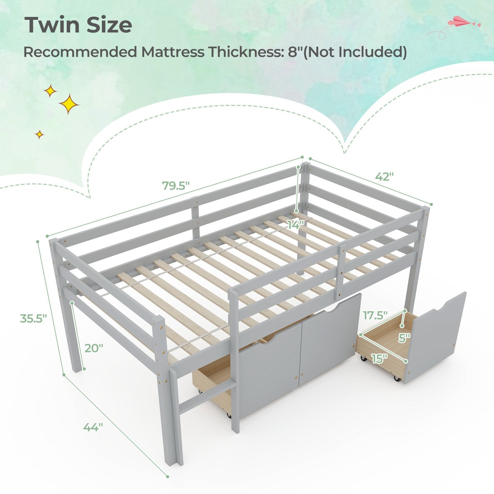 Twin Size Low Loft Bed with 3 Drawers with Ladder and Full-length Guardrails, Gray Trundle Bed Frame   at Gallery Canada