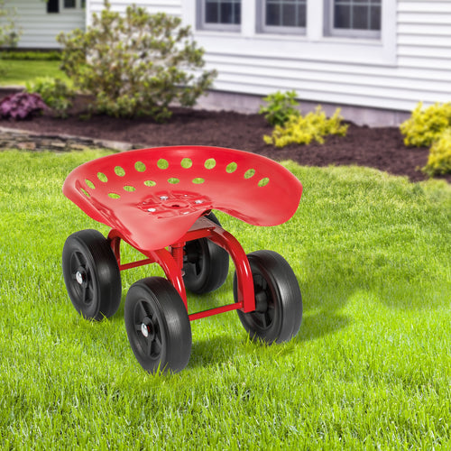 Garden Rolling Workseat with 360° Swivel Seat and Adjustable Height, Red