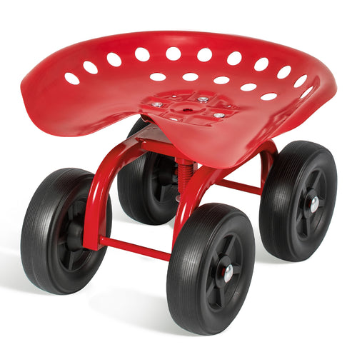 Garden Rolling Workseat with 360° Swivel Seat and Adjustable Height, Red