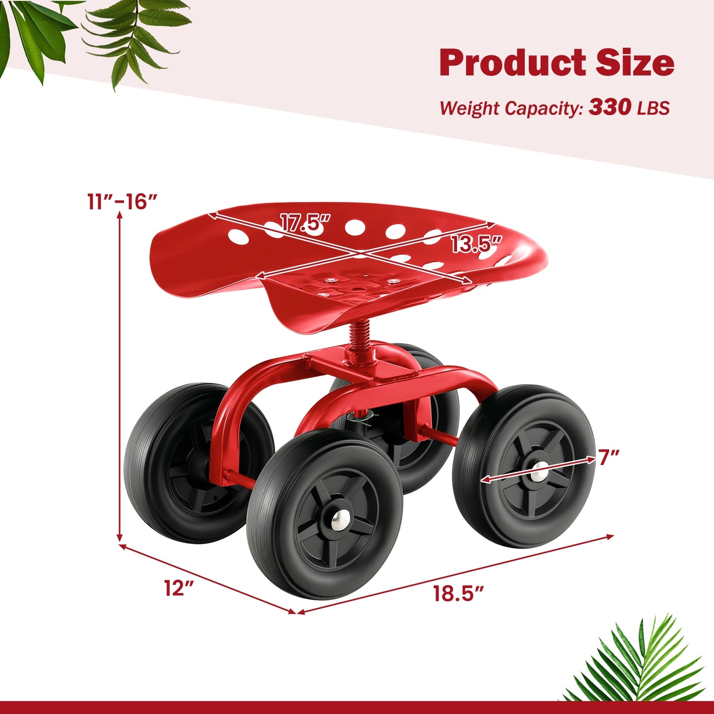 Garden Rolling Workseat with 360° Swivel Seat and Adjustable Height, Red Garden Tools at Gallery Canada