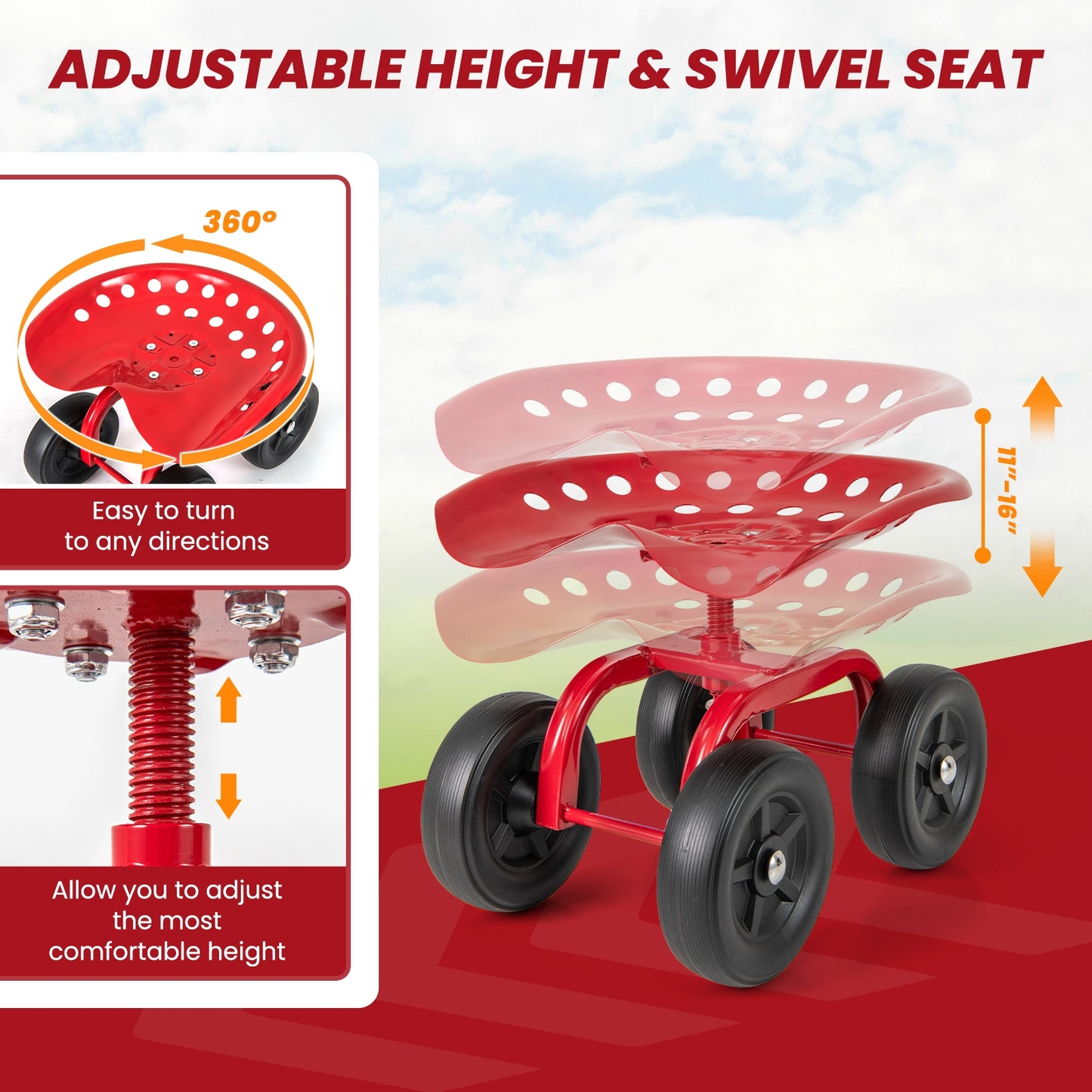 Garden Rolling Workseat with 360° Swivel Seat and Adjustable Height, Red Garden Tools at Gallery Canada