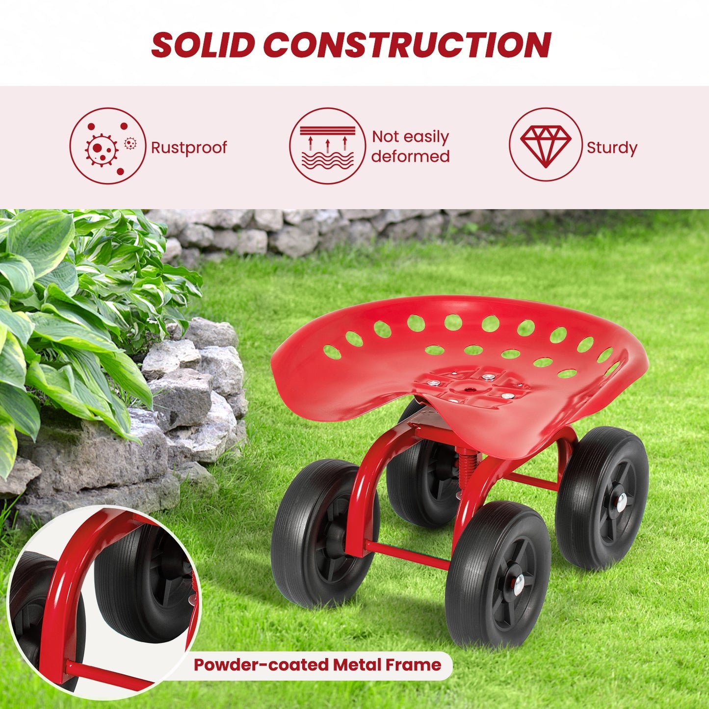 Garden Rolling Workseat with 360° Swivel Seat and Adjustable Height, Red Garden Tools at Gallery Canada