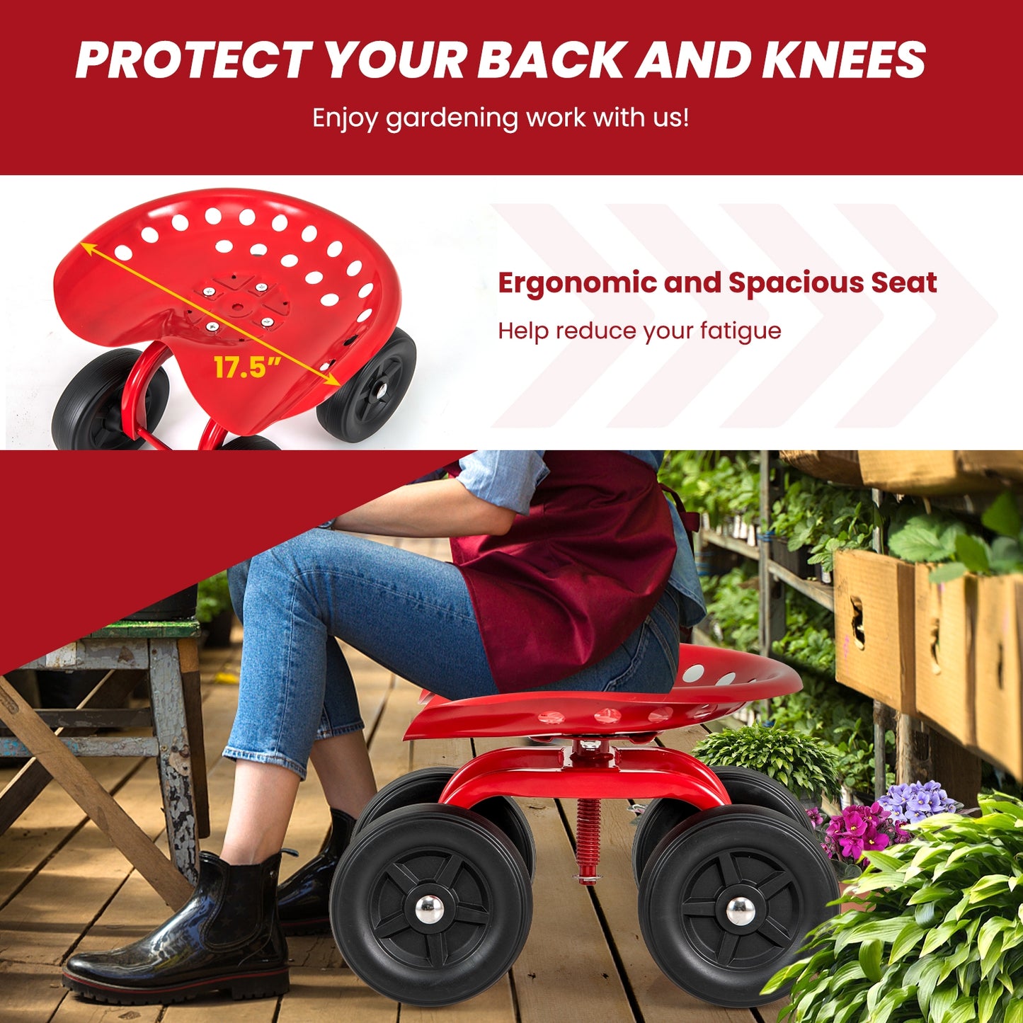 Garden Rolling Workseat with 360° Swivel Seat and Adjustable Height, Red Garden Tools at Gallery Canada