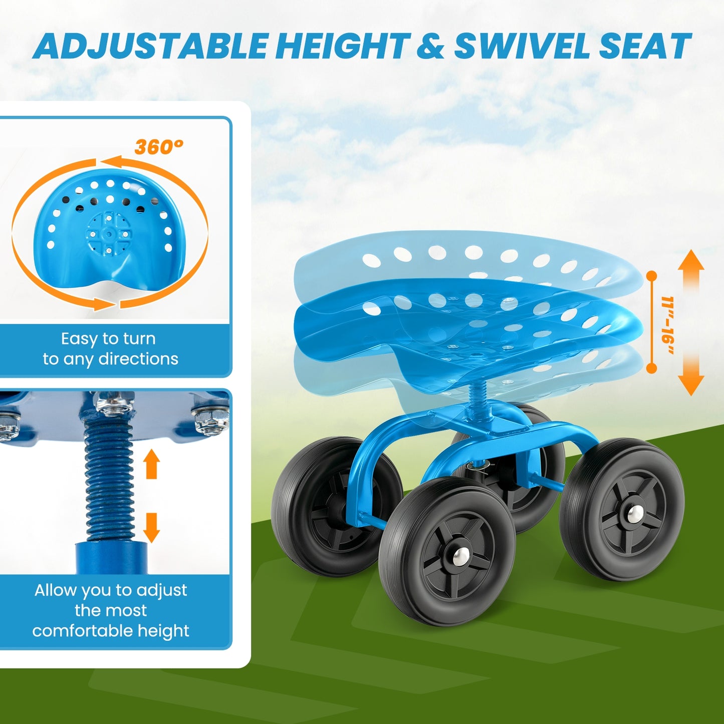 Garden Rolling Workseat with 360° Swivel Seat and Adjustable Height, Blue Garden Tools at Gallery Canada