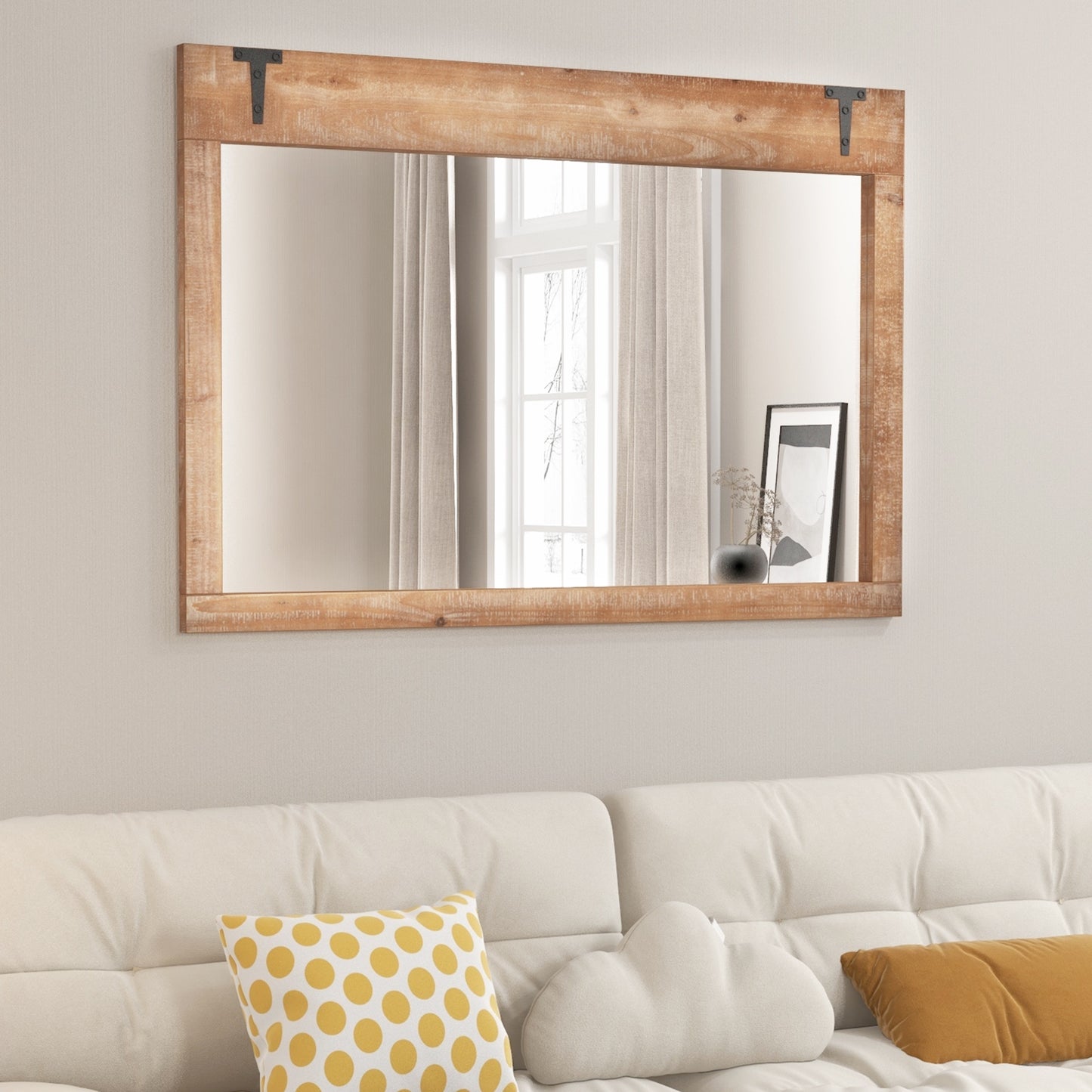 39 x 27.5 Inch Farmhouse Rustic Barn Door Wall Mirror with Wood Frame, Natural Wall Mirrors at Gallery Canada