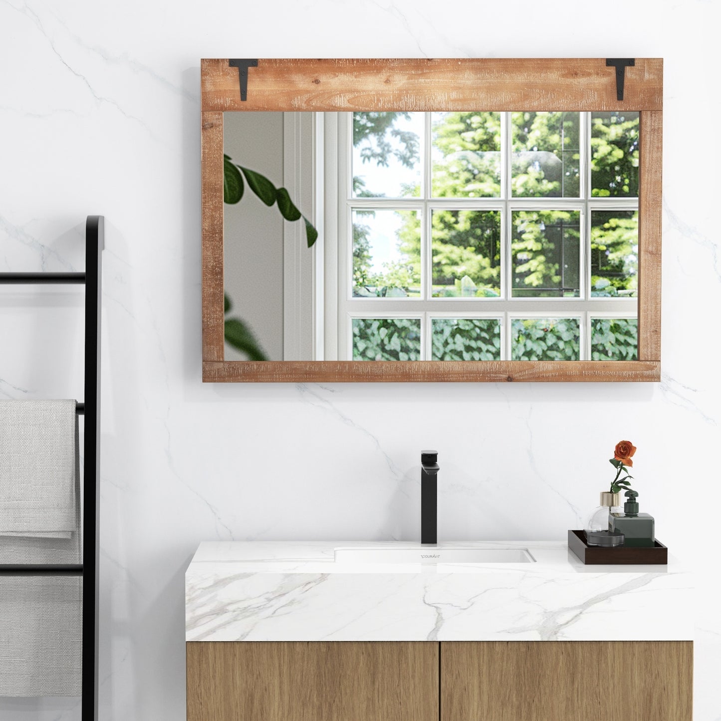 39 x 27.5 Inch Farmhouse Rustic Barn Door Wall Mirror with Wood Frame, Natural Wall Mirrors at Gallery Canada