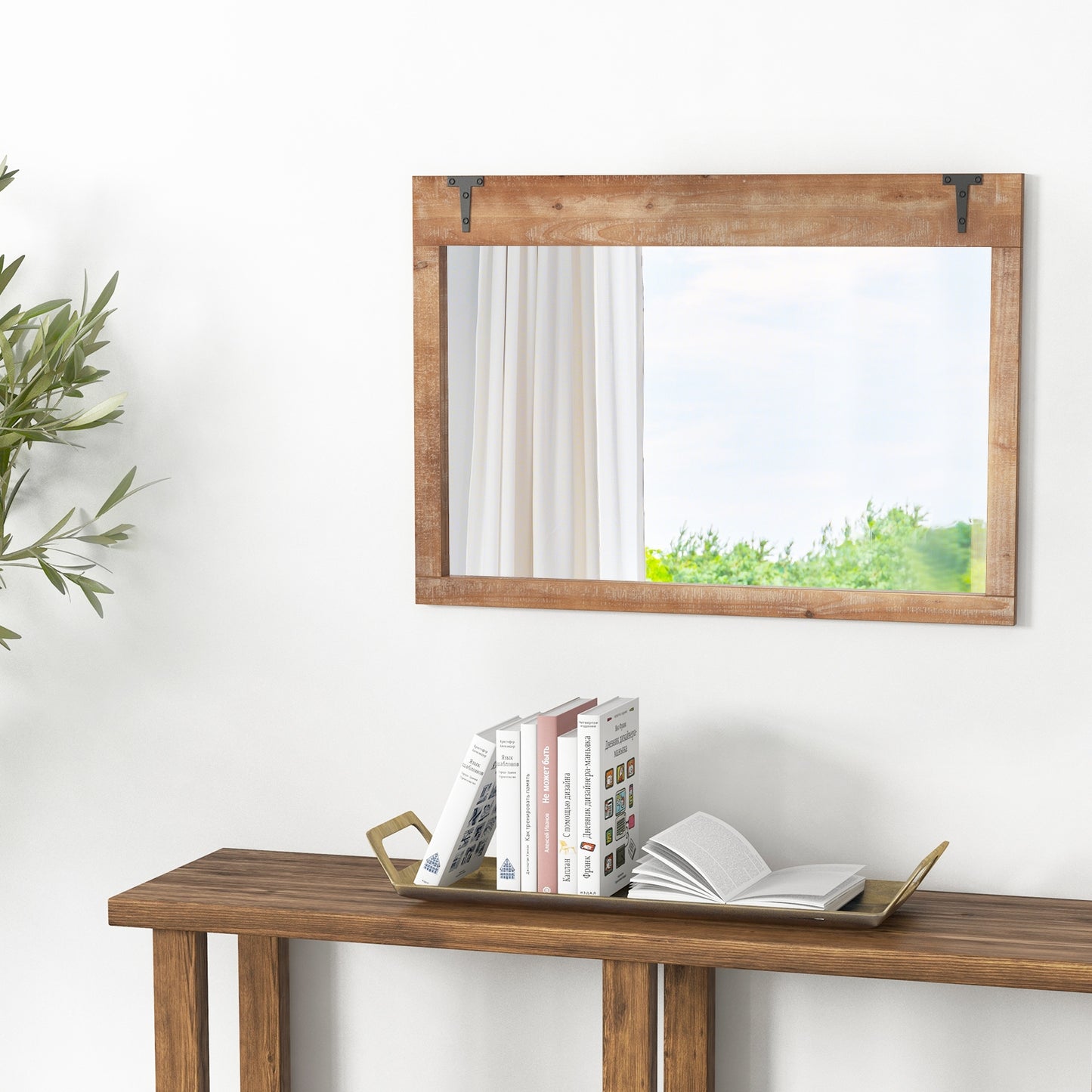 39 x 27.5 Inch Farmhouse Rustic Barn Door Wall Mirror with Wood Frame, Natural Wall Mirrors at Gallery Canada