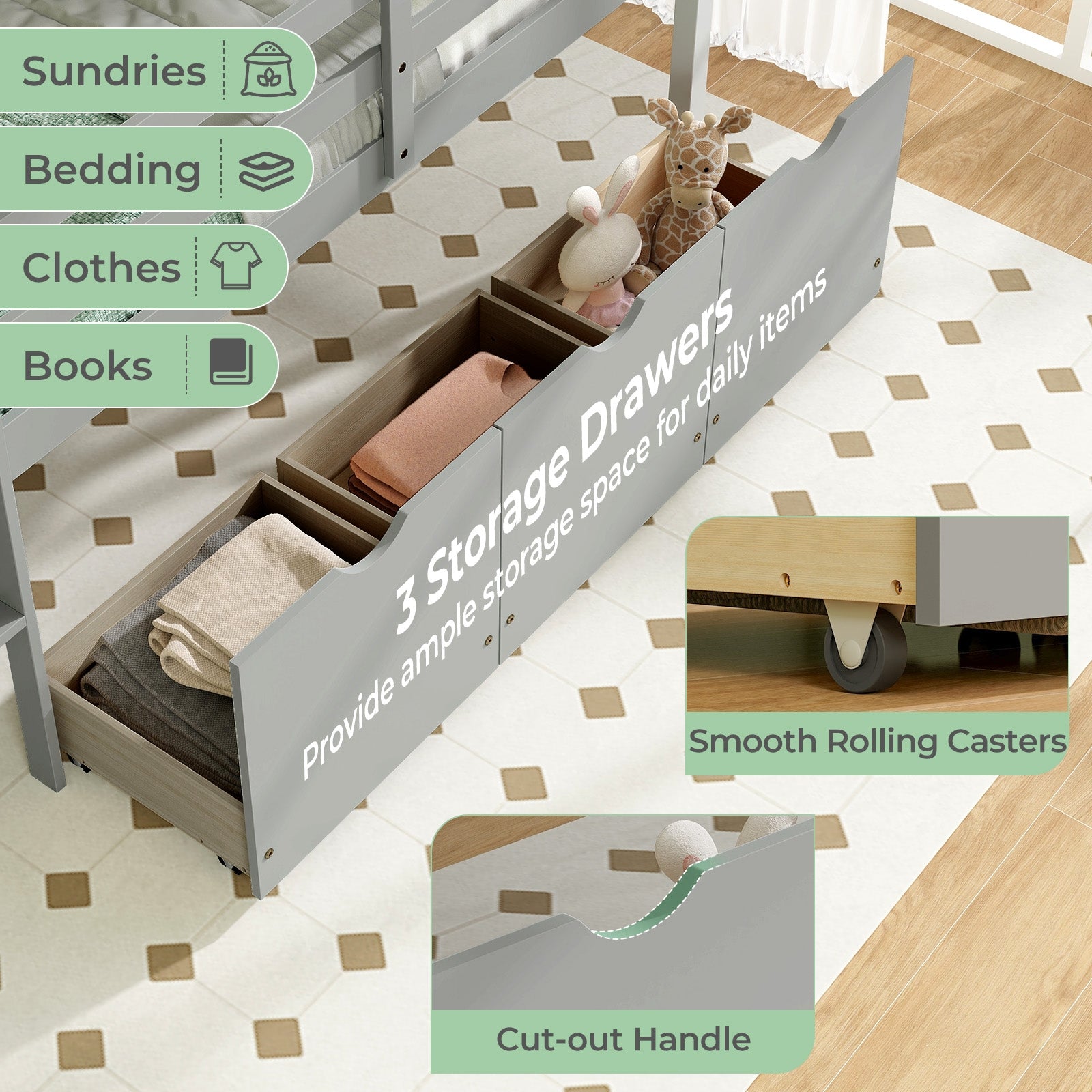 Twin Size Low Loft Bed with 3 Drawers with Ladder and Full-length Guardrails, Gray Trundle Bed Frame   at Gallery Canada