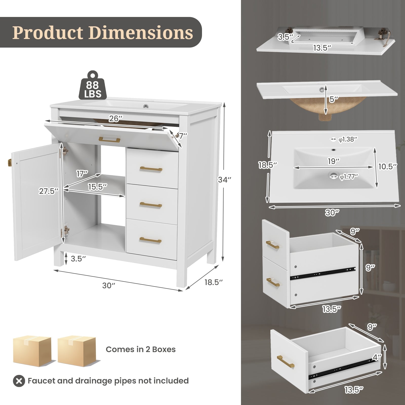 Single Bathroom Vanity with 2 Drawers and 1 Door, White Floor Cabinets at Gallery Canada