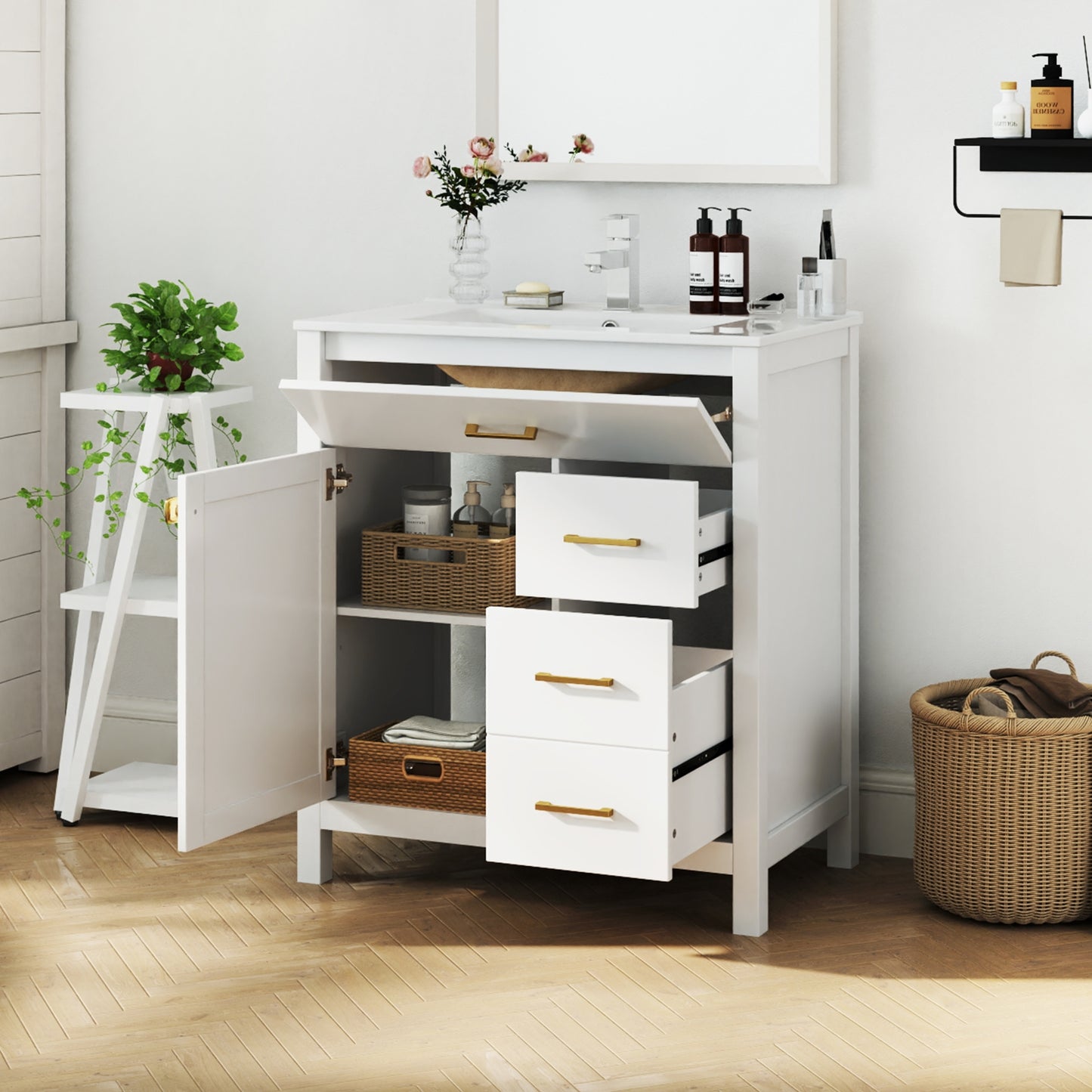 Single Bathroom Vanity with 2 Drawers and 1 Door, White Floor Cabinets at Gallery Canada