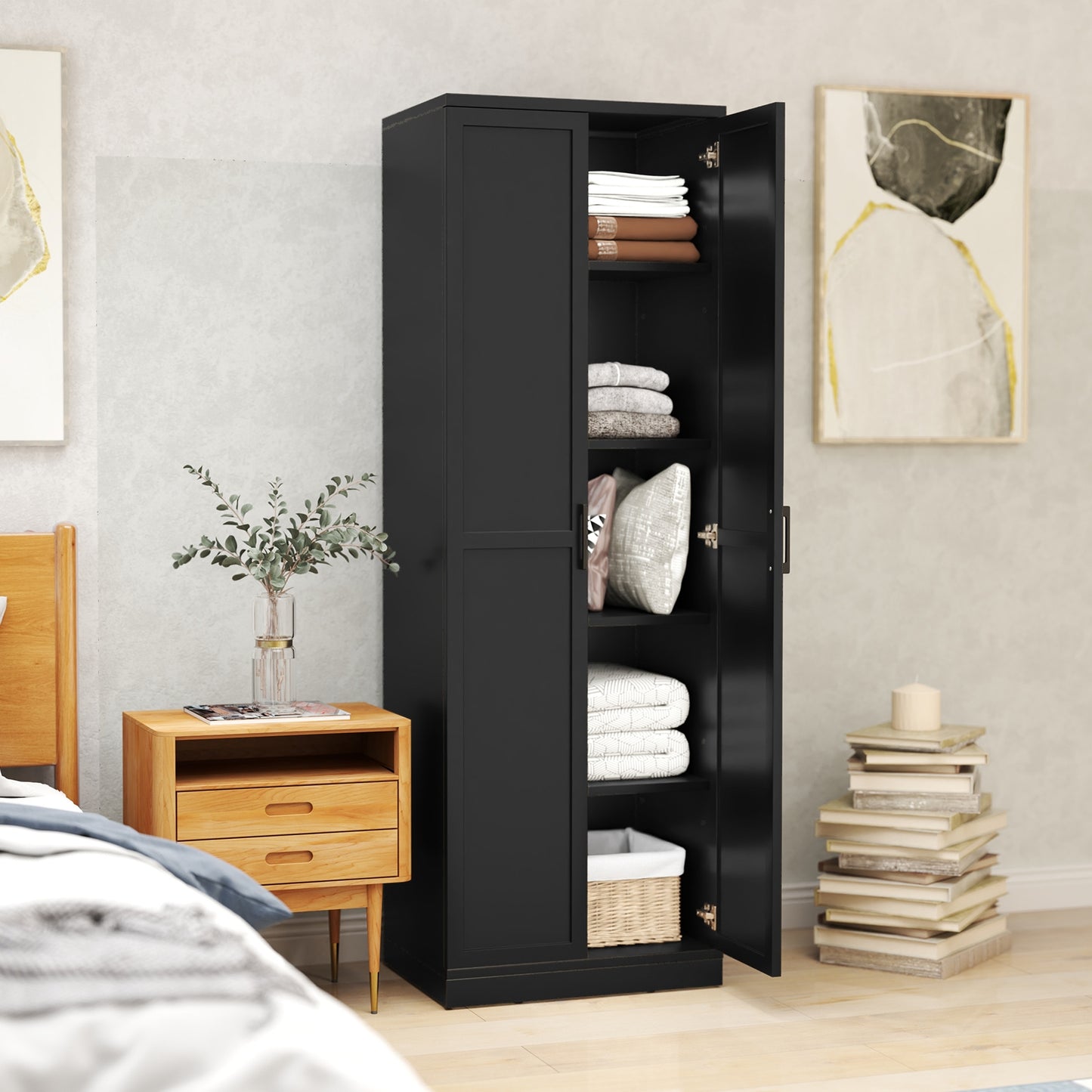 70 Inch Freestanding Storage Cabinet with 2 Doors and 5 Shelves, Black Armoires & Wardrobes at Gallery Canada