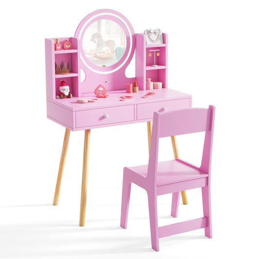 Kids Vanity Set with Lighted Mirror and Storage Drawers, Pink Kids Vanities Pink at Gallery Canada