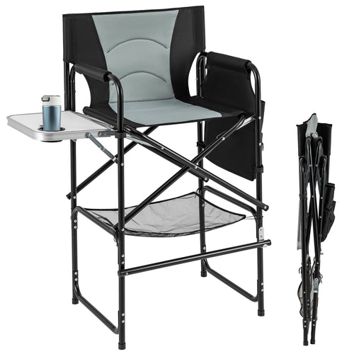 46 Inches Tall Directors Chair with Foldable Side Table and Footrest, Gray