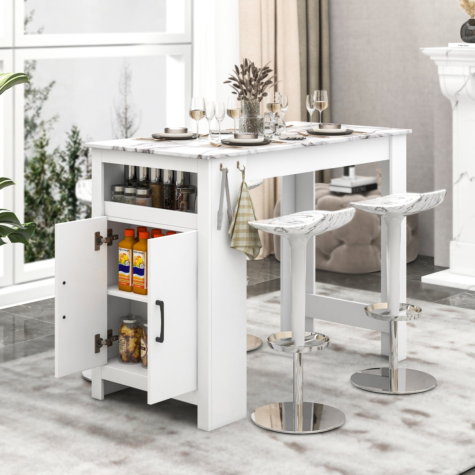 Bar Table Faux Marble Pub Table with 7 Hanging Hooks Compartment, White Dining Tables at Gallery Canada