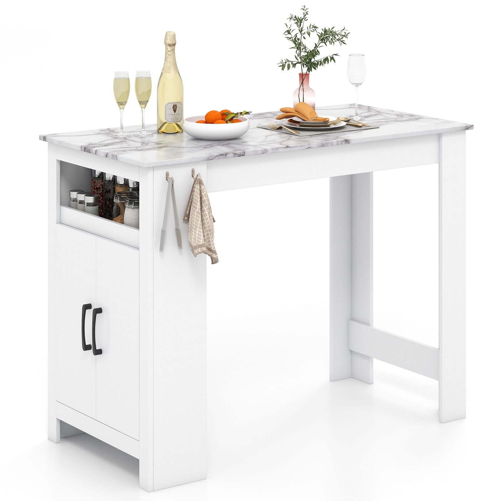 Bar Table Faux Marble Pub Table with 7 Hanging Hooks Compartment, White Dining Tables White at Gallery Canada