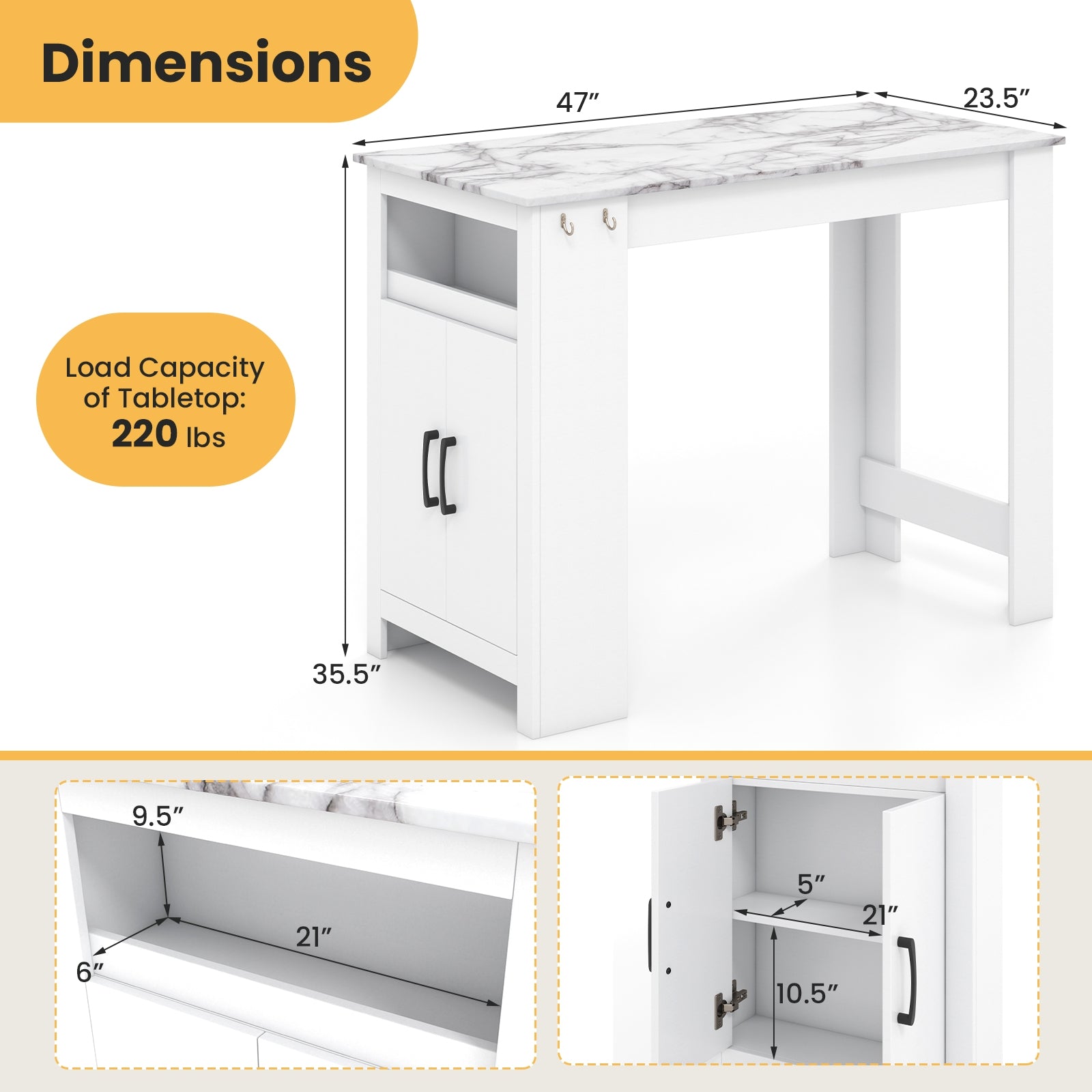 Bar Table Faux Marble Pub Table with 7 Hanging Hooks Compartment, White Dining Tables at Gallery Canada