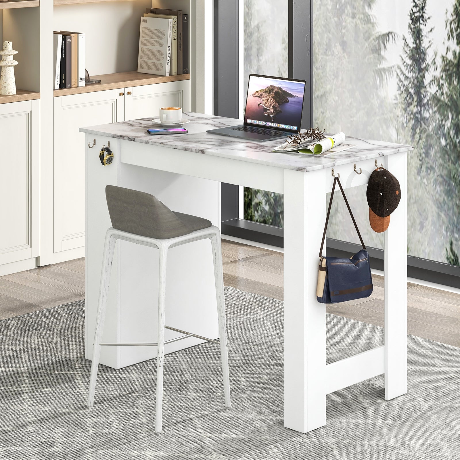 Bar Table Faux Marble Pub Table with 7 Hanging Hooks Compartment, White Dining Tables at Gallery Canada